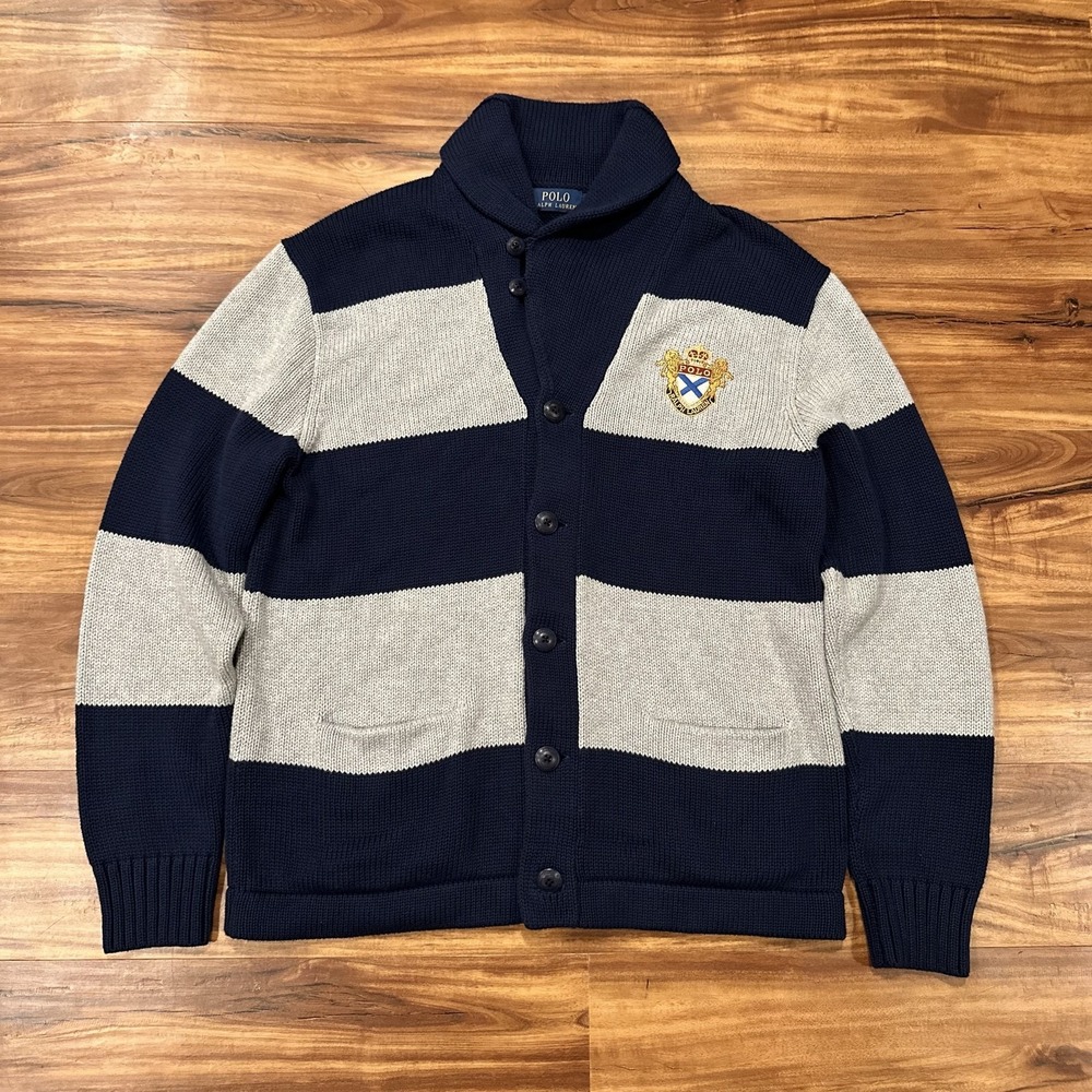 Polo Ralph Lauren Sweater Mens Medium Blue Stripe Shawl Collar Knit Cardigan